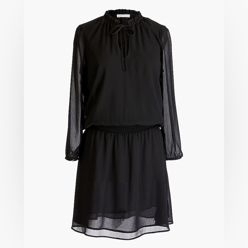 J. Crew Factory Mercantile Smocked Tie Front Black Long Sleeve Dress NEW!